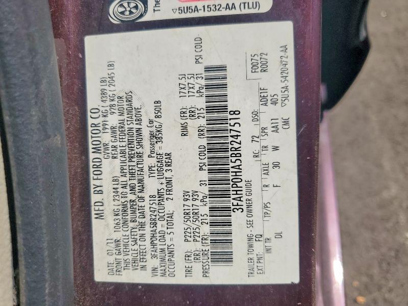 2011 Ford Fusion მანქანა იყიდება აუქციონზე, vin: 3FAHP0HA5BR247518, აუქციონის ნომერი: 71451206