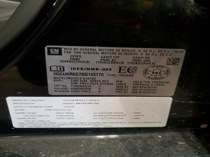 2016 Chevrolet Silverado მანქანა იყიდება აუქციონზე, vin: 3GCUKREC7GG103778, აუქციონის ნომერი: 70651256