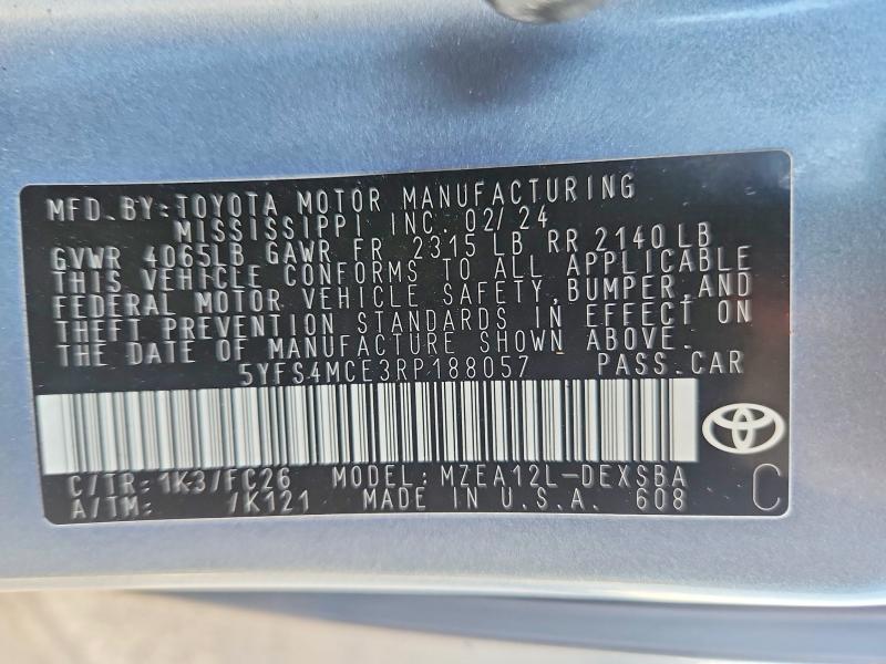 2024 Toyota Corolla მანქანა იყიდება აუქციონზე, vin: 5YFS4MCE3RP188057, აუქციონის ნომერი: 71406316