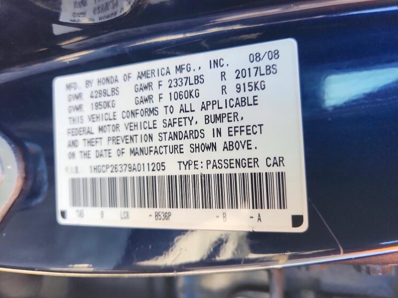 2009 Honda Accord მანქანა იყიდება აუქციონზე, vin: 1HGCP26379A011205, აუქციონის ნომერი: 72448286