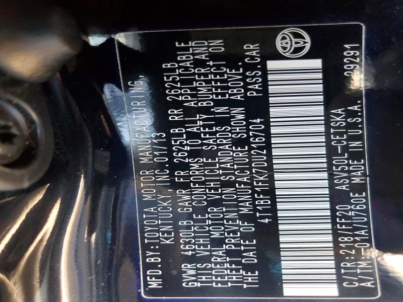 71550766 :رقم المزاد ، 4T1BF1FK7DU216704 vin ، 2013 Toyota Camry مزاد بيع