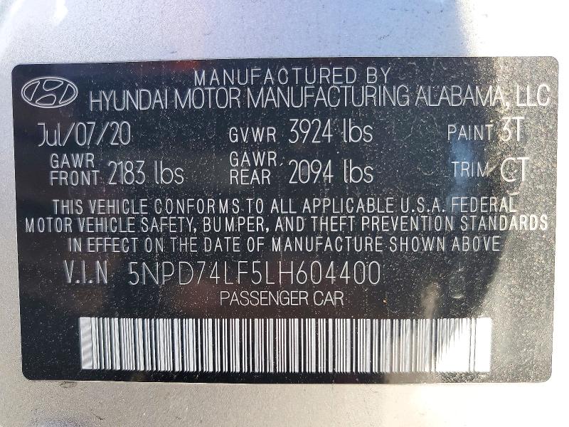 71510436 :رقم المزاد ، 5NPD74LF5LH604400 vin ، 2020 Hyundai Elantra مزاد بيع