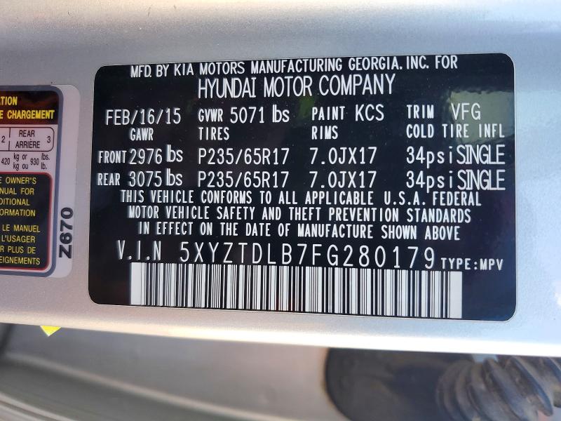 71951206 :رقم المزاد ، 5XYZTDLB7FG280179 vin ، 2015 Hyundai Santa Fe Sport مزاد بيع