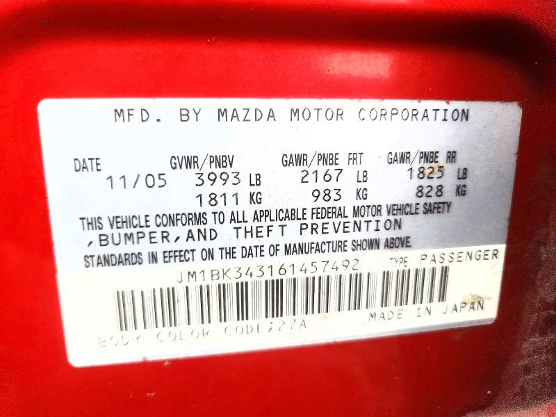 2006 Mazda 3 მანქანა იყიდება აუქციონზე, vin: JM1BK343161457492, აუქციონის ნომერი: 71570096