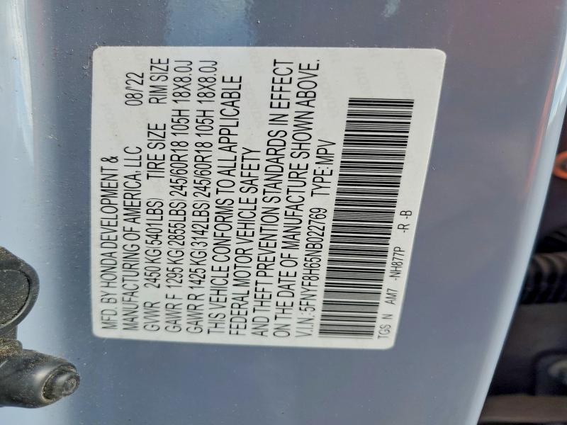 2022 Honda Passport მანქანა იყიდება აუქციონზე, vin: 5FNYF8H65NB022769, აუქციონის ნომერი: 71654176