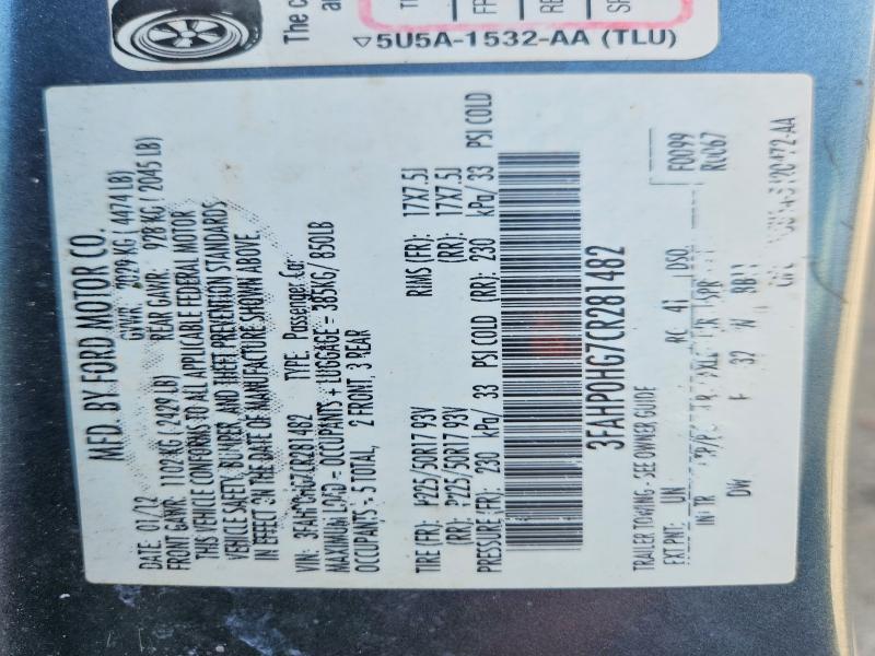 71651996 :رقم المزاد ، 3FAHP0HG7CR281482 vin ، 2012 Ford Fusion مزاد بيع