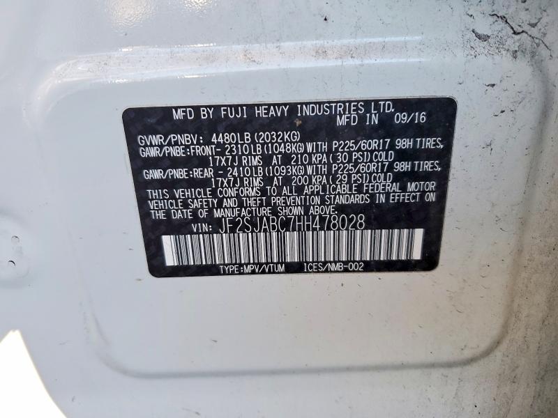 2017 Subaru Forester მანქანა იყიდება აუქციონზე, vin: JF2SJABC7HH478028, აუქციონის ნომერი: 70770876