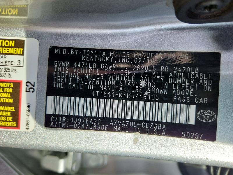 Продажа на аукционе авто 2019 Toyota Camry, vin: 4T1B11HK4KU746105, номер лота: 71778106