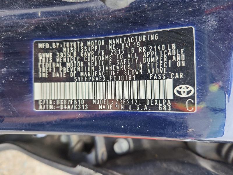 Auction sale of the 2020 Toyota Corolla, vin: 5YFEPRAEXLP008181, lot number: 71047046