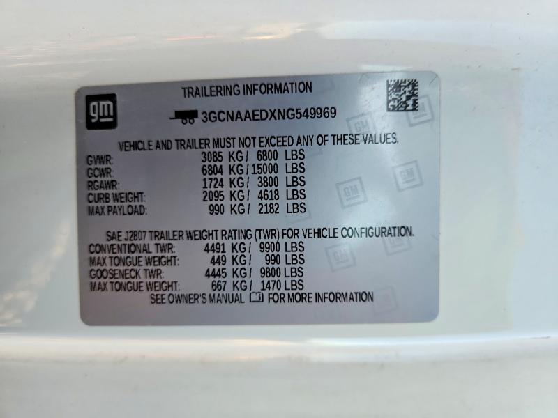 71405746 :رقم المزاد ، 3GCNAAEDXNG549969 vin ، 2022 Chevrolet Silverado مزاد بيع