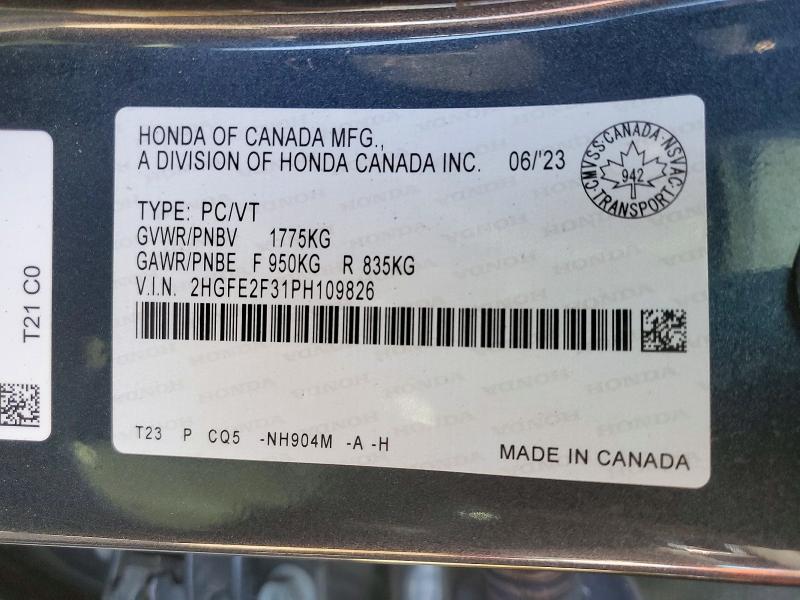 2023 Honda Civic მანქანა იყიდება აუქციონზე, vin: 2HGFE2F31PH109826, აუქციონის ნომერი: 71161696