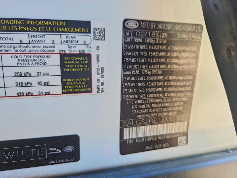71167546 :رقم المزاد ، SALGS2RE3JA397033 vin ، 2018 Land Rover Range Rover مزاد بيع