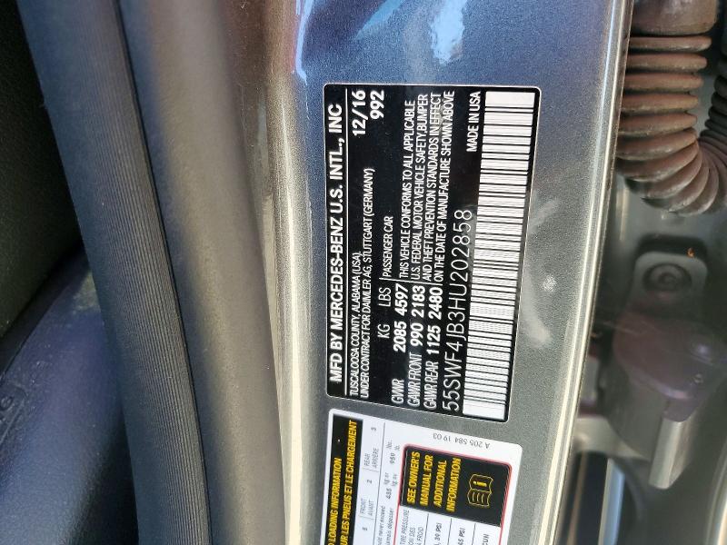 2017 Mercedes-benz C მანქანა იყიდება აუქციონზე, vin: 55SWF4JB3HU202858, აუქციონის ნომერი: 72389236