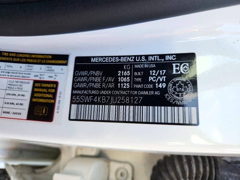 Продажа на аукционе авто 2018 Mercedes-benz C, vin: 55SWF4KB7JU258127, номер лота: 71947226