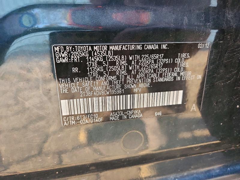 Продажа на аукционе авто 2012 Toyota Rav4, vin: 2T3BF4DV8CW195981, номер лота: 72377946