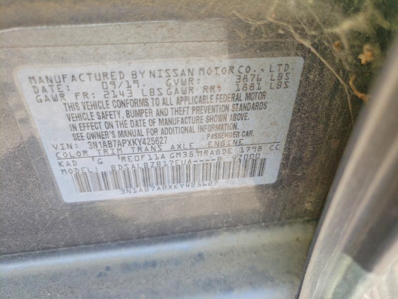 2019 Nissan Sentra მანქანა იყიდება აუქციონზე, vin: 3N1AB7APXKY425627, აუქციონის ნომერი: 70577126