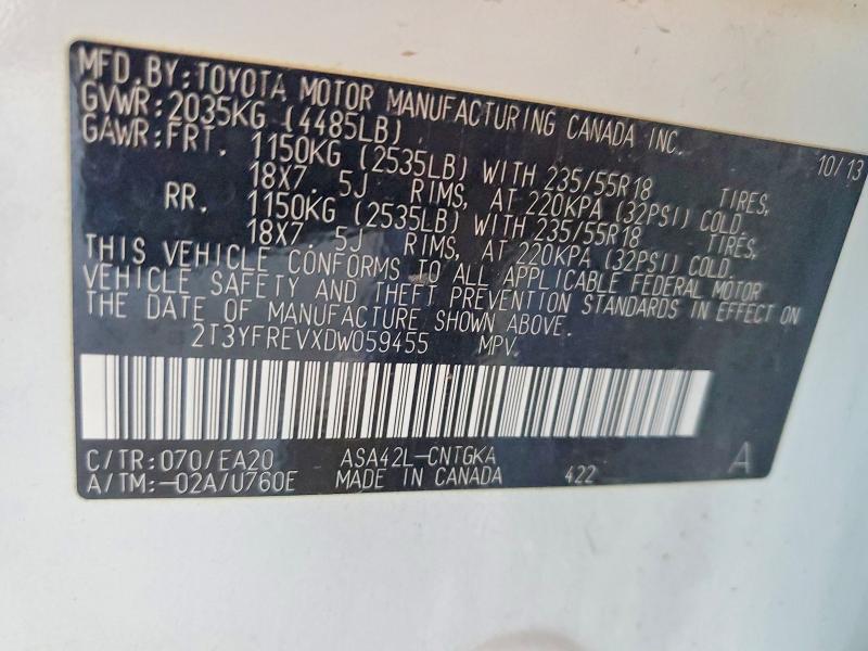 2013 Toyota Rav4 მანქანა იყიდება აუქციონზე, vin: 2T3YFREVXDW059455, აუქციონის ნომერი: 71278486
