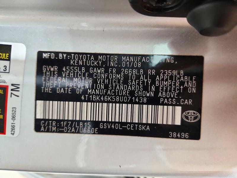 Продажа на аукционе авто 2008 Toyota Camry, vin: 4T1BK46K58U071438, номер лота: 71736276