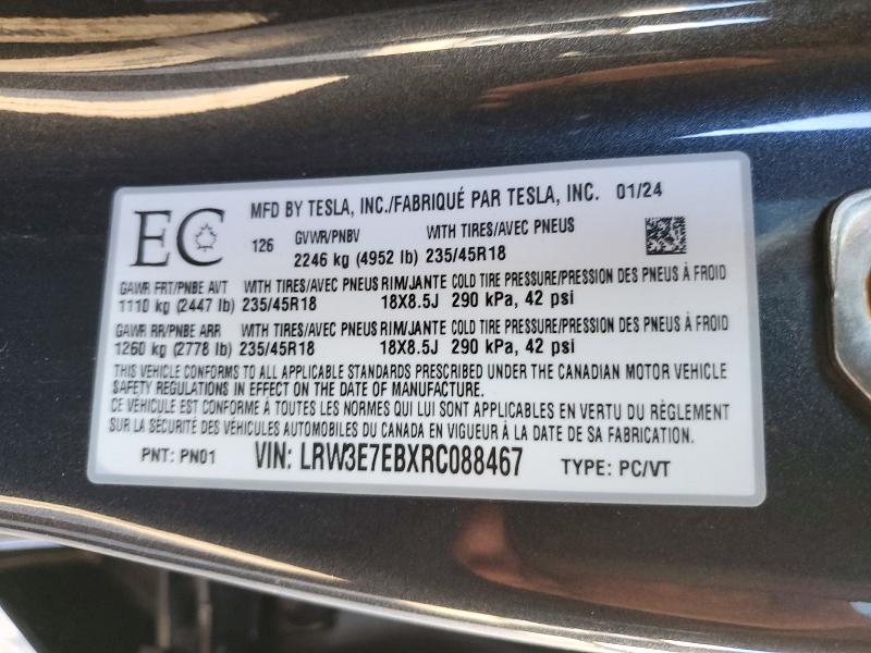 Продажа на аукционе авто 2024 Tesla Model 3, vin: LRW3E7EBXRC088467, номер лота: 71957256