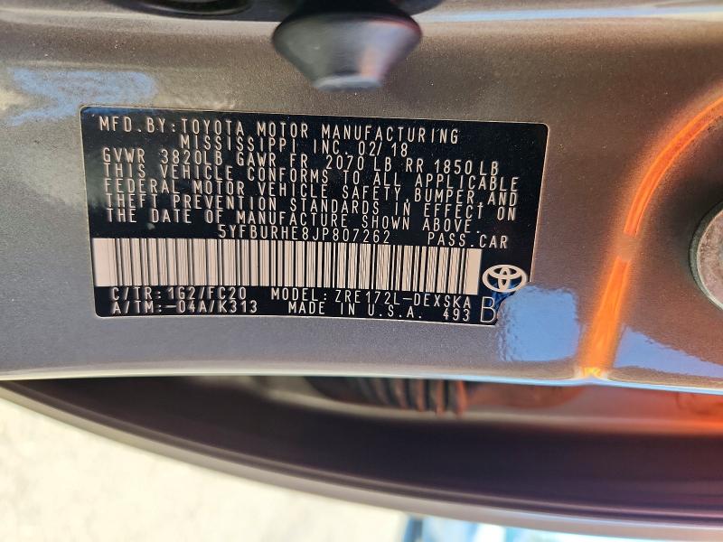 2018 Toyota Corolla მანქანა იყიდება აუქციონზე, vin: 5YFBURHE8JP807262, აუქციონის ნომერი: 71466696
