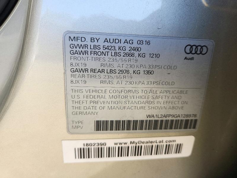 Продаж на аукціоні авто 2016 Audi Q5, vin: WA1L2AFP9GA128978, номер лоту: 71682046