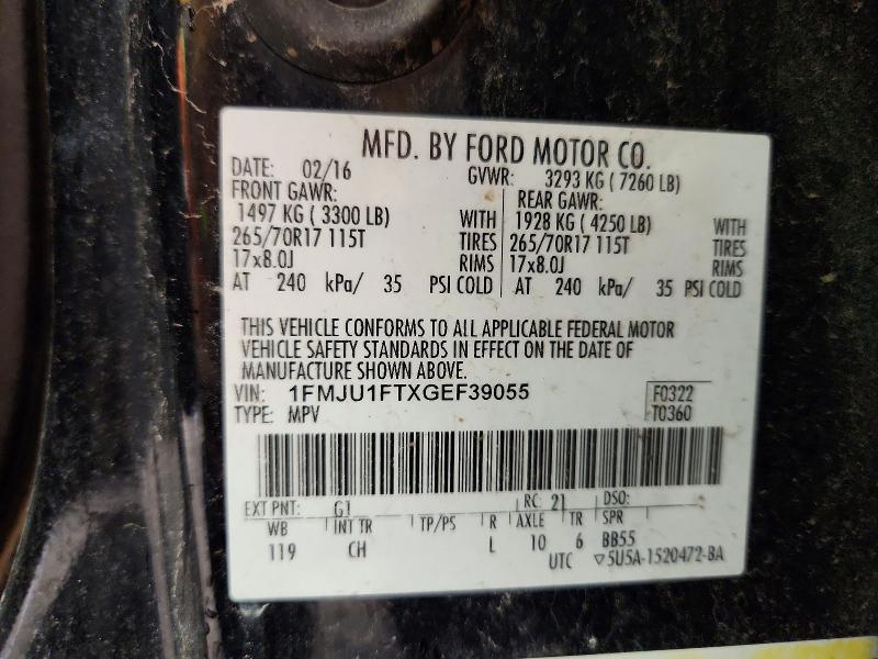 72957046 :رقم المزاد ، 1FMJU1FTXGEF39055 vin ، 2016 Ford Expedition مزاد بيع