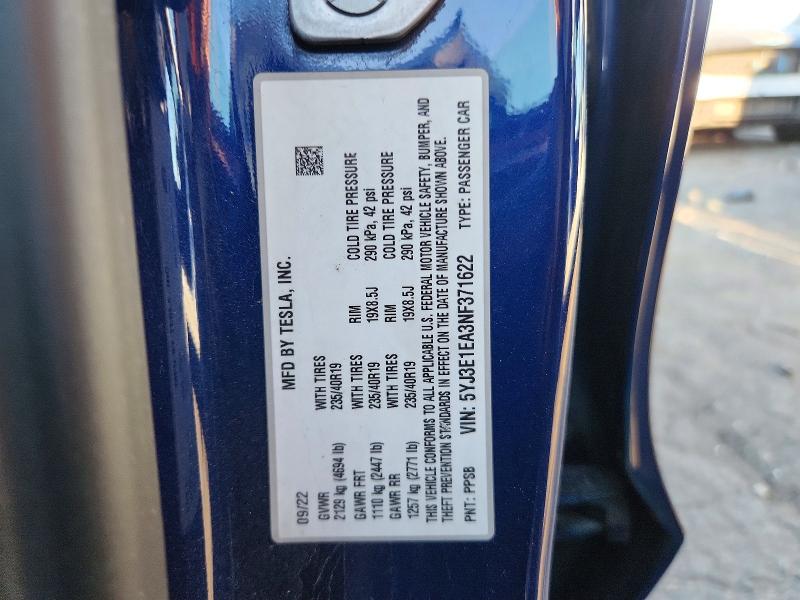 Продажа на аукционе авто 2022 Tesla Model 3, vin: 5YJ3E1EA3NF371622, номер лота: 72395286