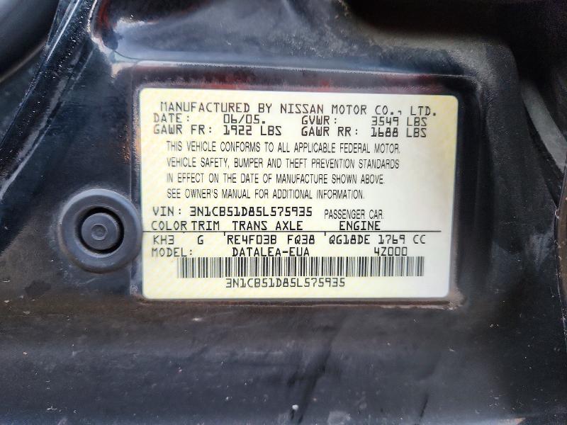 Aukcja sprzedaży 2005 Nissan Sentra, vin: 3N1CB51D85L575935, numer aukcji: 72302316