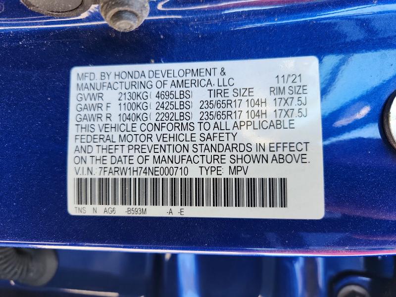 2022 Honda Cr-v მანქანა იყიდება აუქციონზე, vin: 7FARW1H74NE000710, აუქციონის ნომერი: 71377036