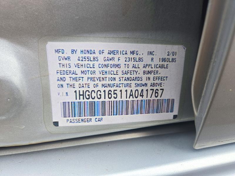 2001 Honda Accord მანქანა იყიდება აუქციონზე, vin: 1HGCG16511A041767, აუქციონის ნომერი: 74105246