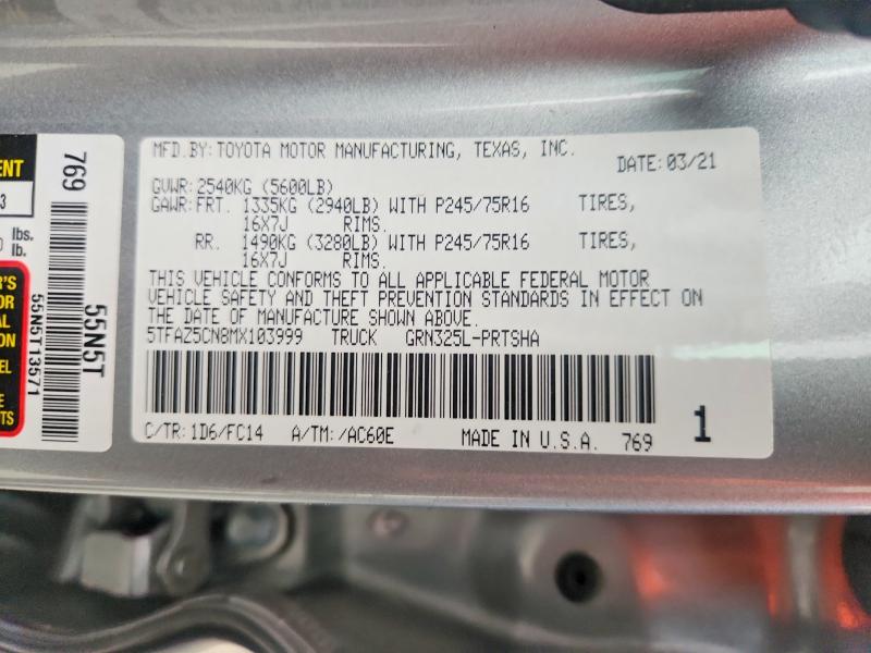 71238146 :رقم المزاد ، 5TFAZ5CN8MX103999 vin ، 2021 Toyota Tacoma مزاد بيع