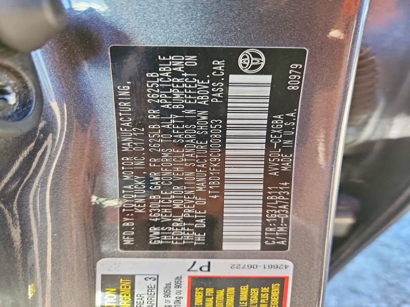 71607886 :رقم المزاد ، 4T1BD1FK9CU008053 vin ، 2012 Toyota Camry Hybrid مزاد بيع