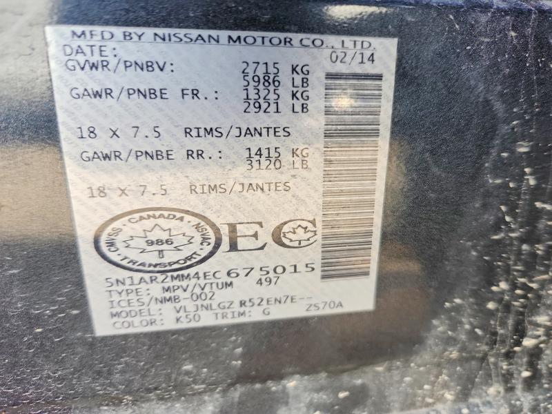 71254876 :رقم المزاد ، 5N1AR2MM4EC675015 vin ، 2014 Nissan Pathfinder مزاد بيع