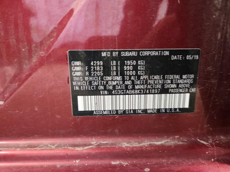 71857046 :رقم المزاد ، 4S3GTAB68K3741897 vin ، 2019 Subaru Impreza مزاد بيع
