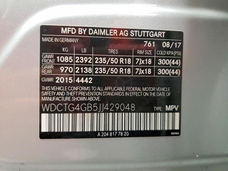 71964896 :رقم المزاد ، WDCTG4GB5JJ429048 vin ، 2018 Mercedes-benz Gla مزاد بيع