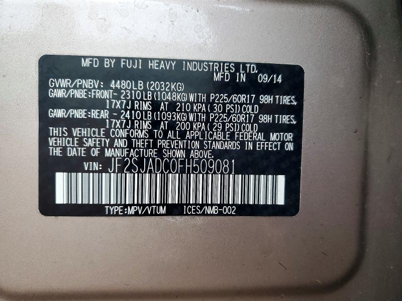 Продаж на аукціоні авто 2015 Subaru Forester, vin: JF2SJADC0FH509081, номер лоту: 70065576
