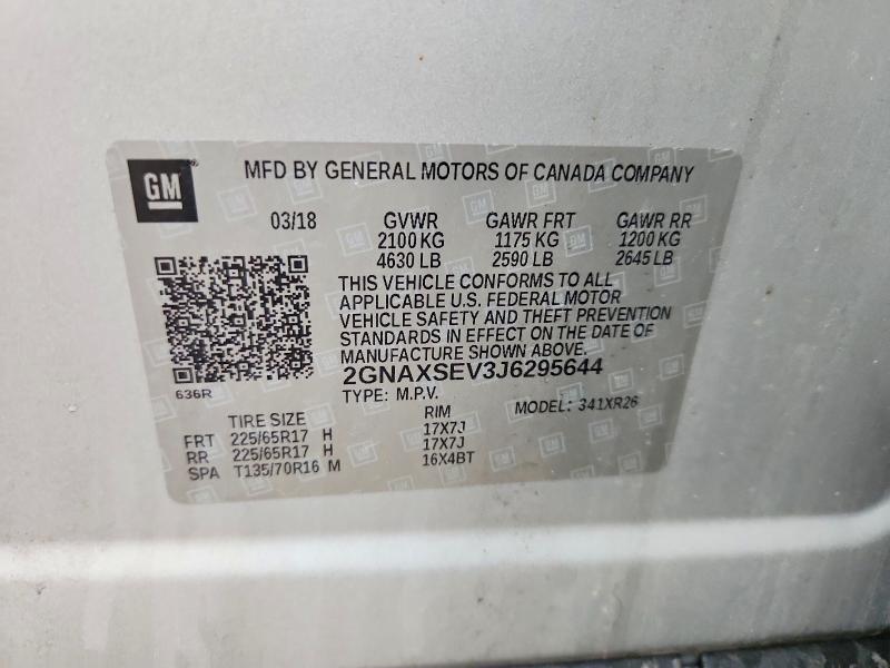 70375476 :رقم المزاد ، 2GNAXSEV3J6295644 vin ، 2018 Chevrolet Equinox مزاد بيع