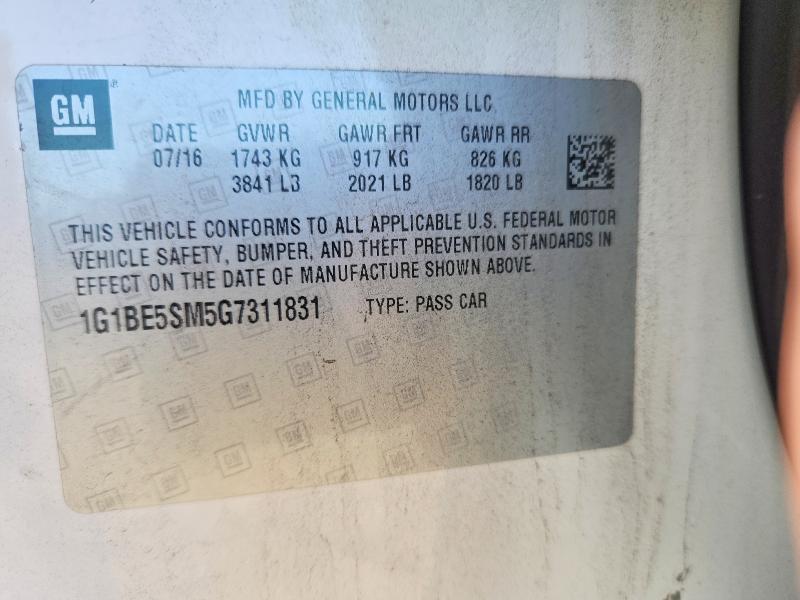 2016 Chevrolet Cruze მანქანა იყიდება აუქციონზე, vin: 1G1BE5SM5G7311831, აუქციონის ნომერი: 71274816