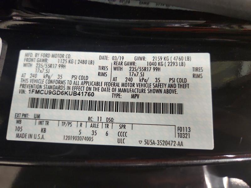 Продажа на аукционе авто 2019 Ford Escape, vin: 1FMCU9GD6KUB41760, номер лота: 71635106