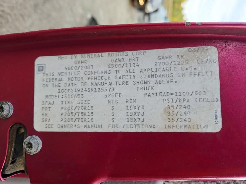 71609796 :رقم المزاد ، 1GCCS19Z4SK125573 vin ، 1995 Chevrolet S Truck مزاد بيع