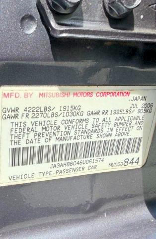 Aukcja sprzedaży 2006 Mitsubishi Lancer, vin: JA3AH86C46U061574, numer aukcji: 71999306
