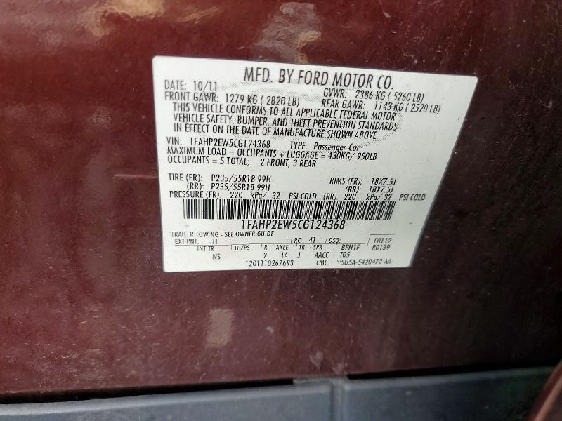 Продаж на аукціоні авто 2012 Ford Taurus, vin: 1FAHP2EW5CG124368, номер лоту: 72632936