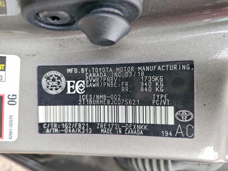 2018 Toyota Corolla მანქანა იყიდება აუქციონზე, vin: 2T1BURHE8JC075621, აუქციონის ნომერი: 71148806
