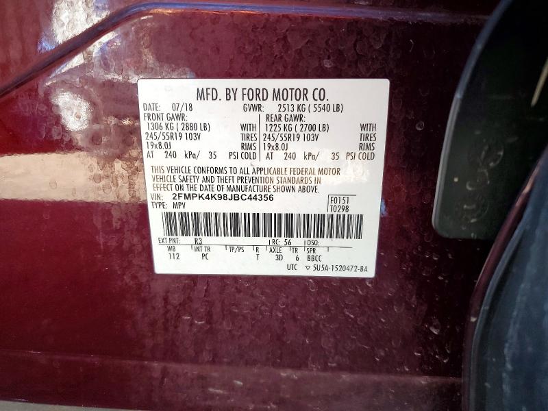 72595306 :رقم المزاد ، 2FMPK4K98JBC44356 vin ، 2018 Ford Edge مزاد بيع