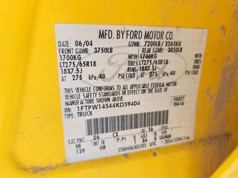 72044816 :رقم المزاد ، 1FTPW14544KD59404 vin ، 2004 Ford F150 مزاد بيع