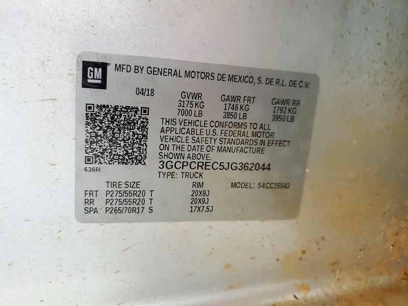 71944986 :رقم المزاد ، 3GCPCREC5JG362044 vin ، 2018 Chevrolet Silverado مزاد بيع