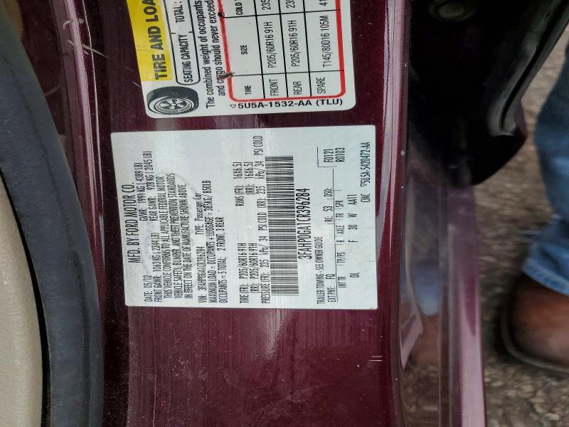 71114916 :رقم المزاد ، 3FAHP0GA1CR396284 vin ، 2012 Ford Fusion مزاد بيع