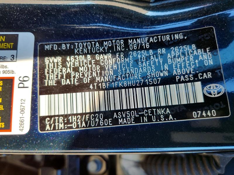 70986806 :رقم المزاد ، 4T1BF1FK8HU271507 vin ، 2017 Toyota Camry مزاد بيع