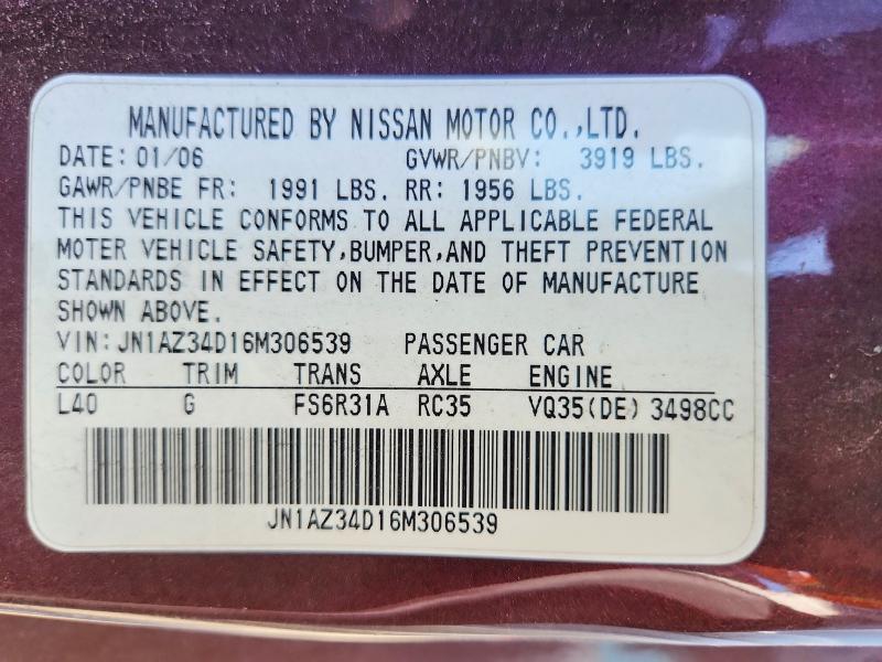 71695356 :رقم المزاد ، JN1AZ34D16M306539 vin ، 2006 Nissan 350z مزاد بيع