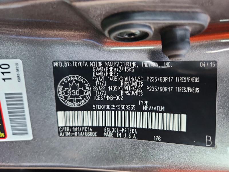 Продаж на аукціоні авто 2015 Toyota Sienna, vin: 5TDKK3DC5FS608255, номер лоту: 73231926